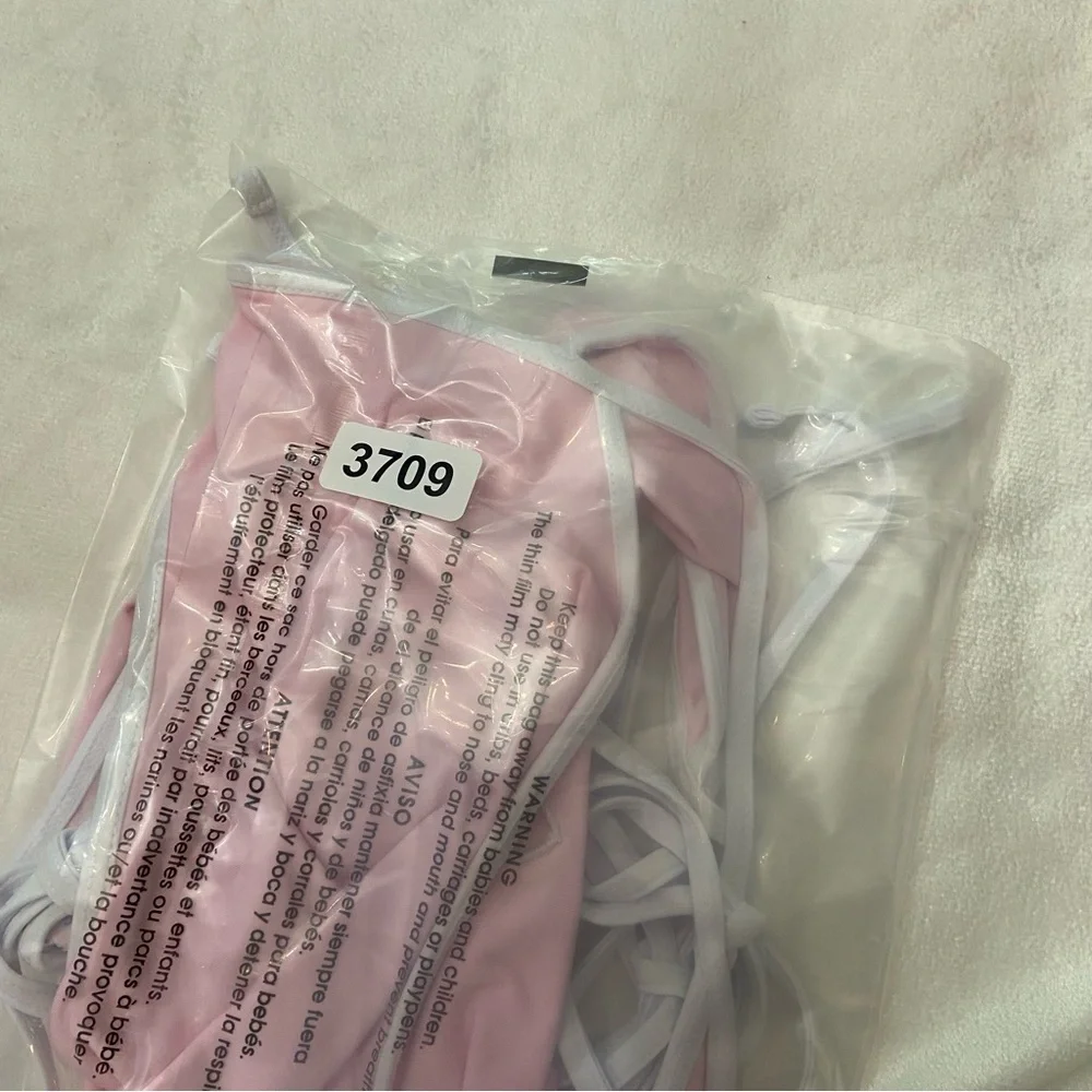 Frankie's Bikinis Pink One-Piece Cutout Swimsuit with Cream Trim